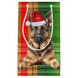 ホリデージャーマンシェパードドッグとチェックのクリスマス スモールペーパーバッグ