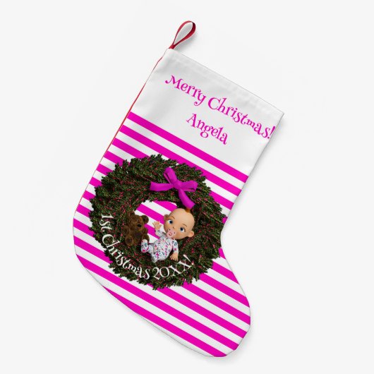 ホリデージョイストライプのキープサケベビーガールズ1st スモールクリスマスストッキング (正面 (吊り時))