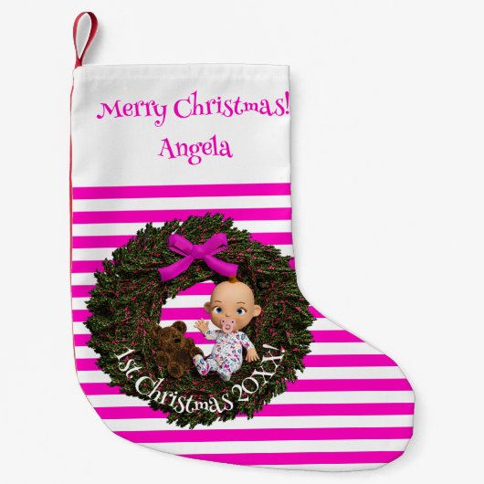 ホリデージョイストライプのキープサケベビーガールズ1st スモールクリスマスストッキング (正面)