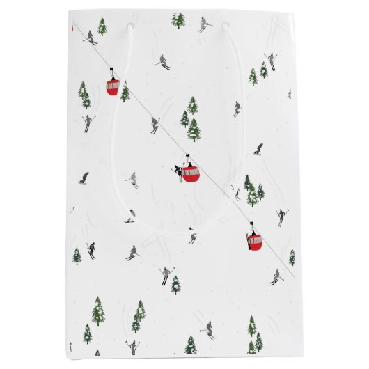 ホリデースキーレッドスキーリフトイラストレーション ミディアムペーパーバッグ (正面)