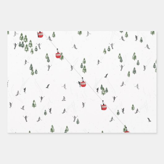 ホリデースキーレッドスキーリフトイラストレーション ラッピングペーパーシート (正面)