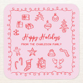ホリデースクライブルイラストレーションドードルピンクアンドレッド スクエアシール