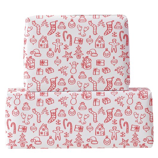 ホリデースクライブルドードル赤と白 ラッピングペーパー