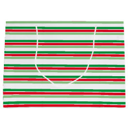 ホリデーストライプズレッドホワイトグリーンパターン ラージペーパーバッグ