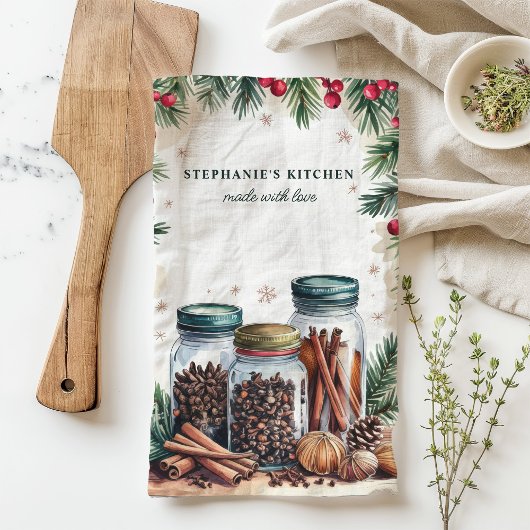 ホリデースパイスジャースクリパーソナライズされたスマス キッチンタオル