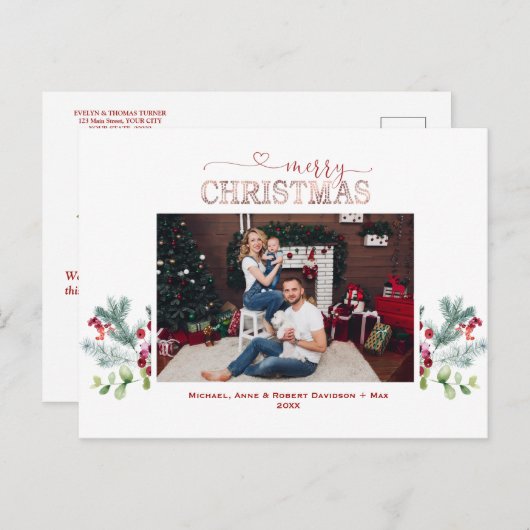 ホリデーズグリーンリーフォトバラ金ゴールドメリークリスマス シーズンポストカード (正面/裏面)