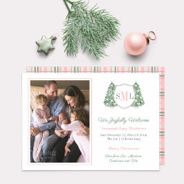 ホリデーズピンクChinoiserieウェルカムベビーガール写真 案内状