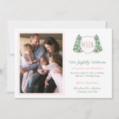 ホリデーズピンクChinoiserieウェルカムベビーガール写真 案内状 (正面)