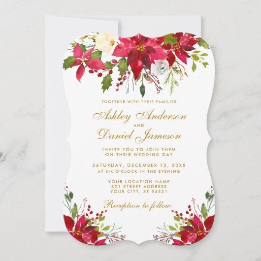 ホリデーズ結婚ウォータカラーフローラポインセチア金ゴールド 招待状 (正面)