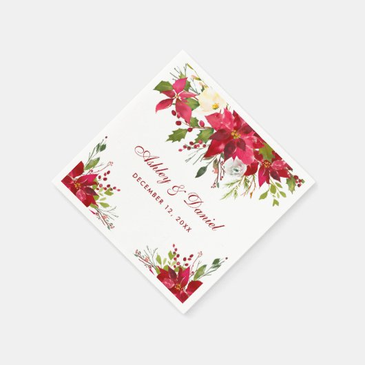 ホリデーズ結婚ウォーターカラーポインセチアフローラ赤 スタンダードカクテルナプキン (角)