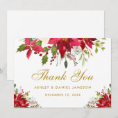 ホリデーズ結婚ポインセチアフローラ金ゴールド サンキューカード (正面/裏面)