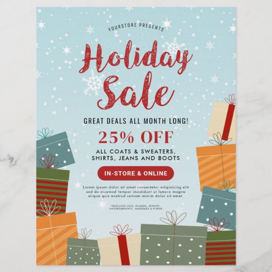 ホリデーセールスノーフレークとプレゼントビジネス チラシ (正面)