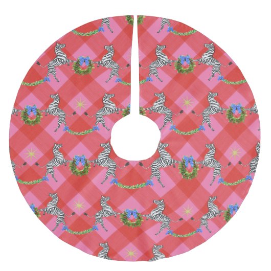 ホリデーゼブラスピンクプレイド ブラッシュドポリエステルツリースカート (正面)