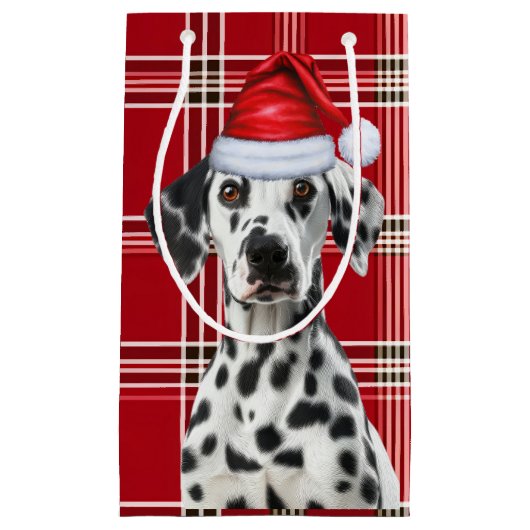 ホリデーダルメシアン犬の赤いお祭り柄クリスマス スモールペーパーバッグ (正面)