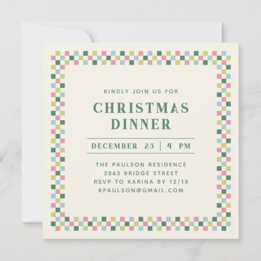 ホリデーチェッカーボードパーティの招待状 – グリーン シーズンカード (正面)