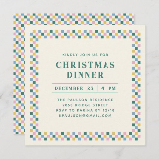 ホリデーチェッカーボードパーティの招待状-ティール(緑がかった色) シーズンカード (正面/裏面)
