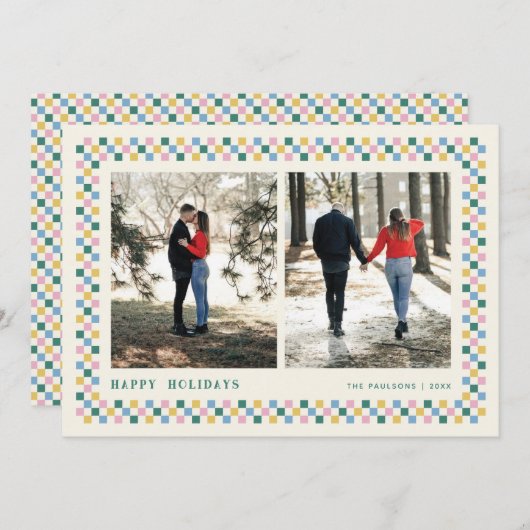 ホリデーチェッカーボードホリデーフォトカード – ティール(緑がかった色) シーズンカード (正面/裏面)