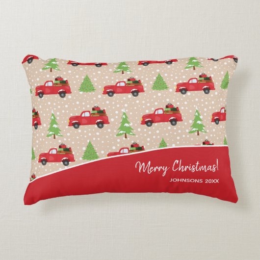 ホリデーツリーとヴィンテージトラックメリークリスマス アクセントクッション (正面)