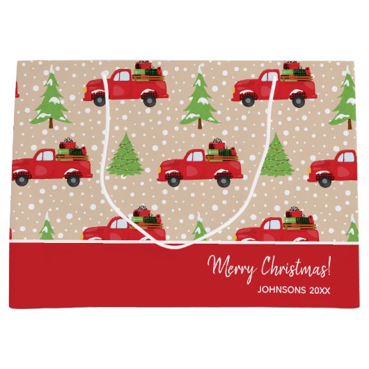 ホリデーツリーとヴィンテージトラックメリークリスマス ラージペーパーバッグ (正面)