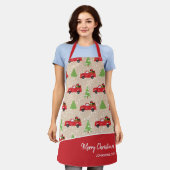 ホリデーツリーヴィンテージトラックメリークリスマスキッチン エプロン (着用した状態)