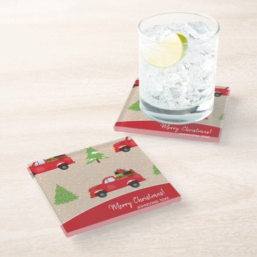 ホリデーツリーヴィンテージトラックメリークリスマスキッチン ガラスコースター (アングル)