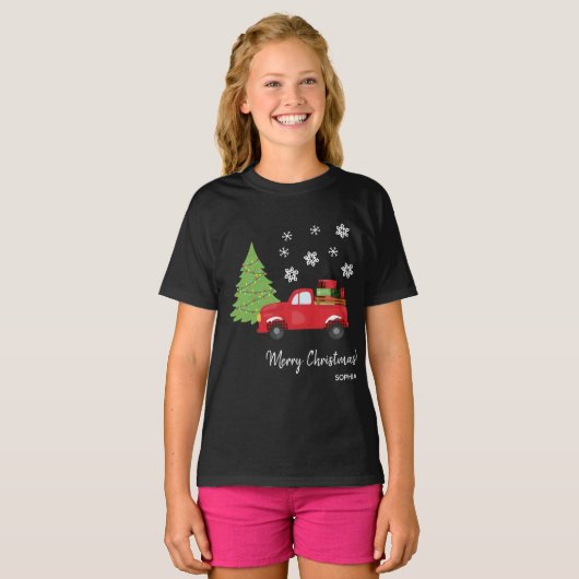 ホリデーツリーヴィンテージトラックメリークリスマスファミリー Tシャツ (正面フル)