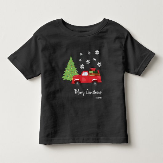 ホリデーツリー ヴィンテージトラック メリークリスマス 家族 トドラーTシャツ (正面)