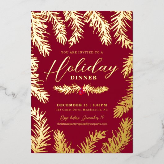 ホリデーディナーの赤い実のクリスマスゴールド 箔シーズンカード (正面)