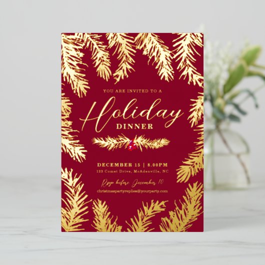 ホリデーディナーの赤い実のクリスマスゴールド 箔シーズンカード (立ち正面)
