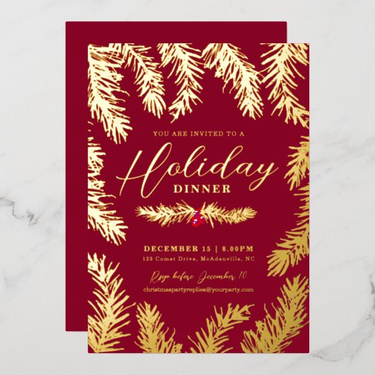 ホリデーディナーの赤い実のクリスマスゴールド 箔シーズンカード (正面/裏面)