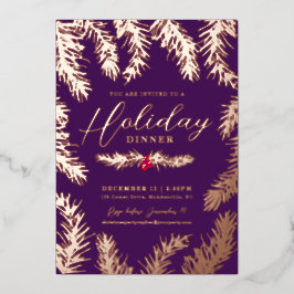 ホリデーディナーの赤い実のクリスマス 紫 箔シーズンカード