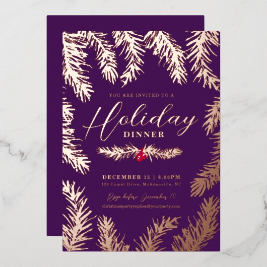 ホリデーディナーの赤い実のクリスマス 紫 箔シーズンカード (正面/裏面)