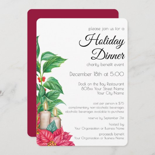 ホリデーディナーチャリティーイベントウォーターカラーポインセチア 招待状 (正面/裏面)
