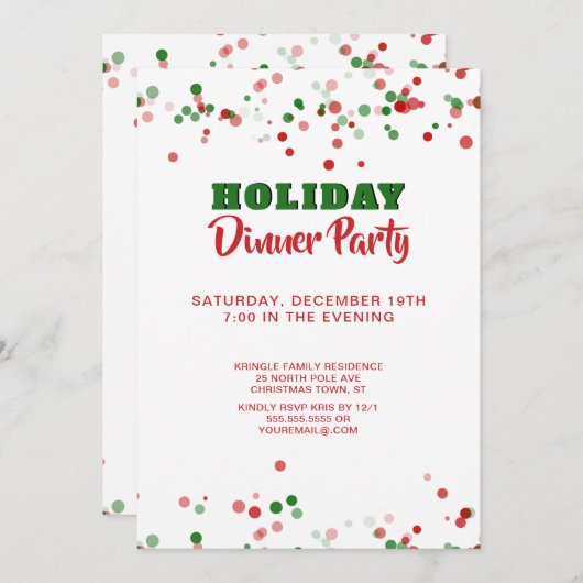 ホリデーディナーパーティの招待状レッドグリーンホワイト 招待状 (正面/裏面)