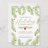 ホリデーディナーパーティーグリーンモミ赤ベリークリスマス 招待状 (正面)