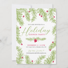 ホリデーディナーパーティーグリーンモミ赤ベリークリスマス 招待状