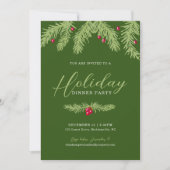 ホリデーディナーパーティーグリーンモミ赤ベリークリスマス 招待状 (正面)
