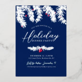 ホリデーディナーパーティーシルバーブルーレッドクリスマス 箔招待状 (正面)