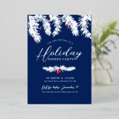 ホリデーディナーパーティーシルバーブルーレッドクリスマス 箔招待状 (立ち正面)