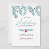 ホリデーディナーパーティーブルーモミ赤ベリークリスマス 招待状 (正面)