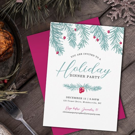 ホリデーディナーパーティーブルーモミ赤ベリークリスマス 招待状