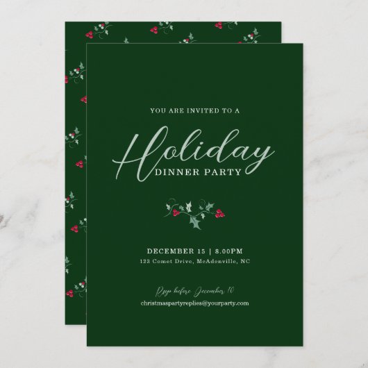 ホリデーディナーパーティーホリーグリーンクリスマス 招待状 (正面/裏面)