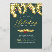 ホリデーディナーパーティー金ゴールドとレッドベリークリスマス 箔招待状 (正面)