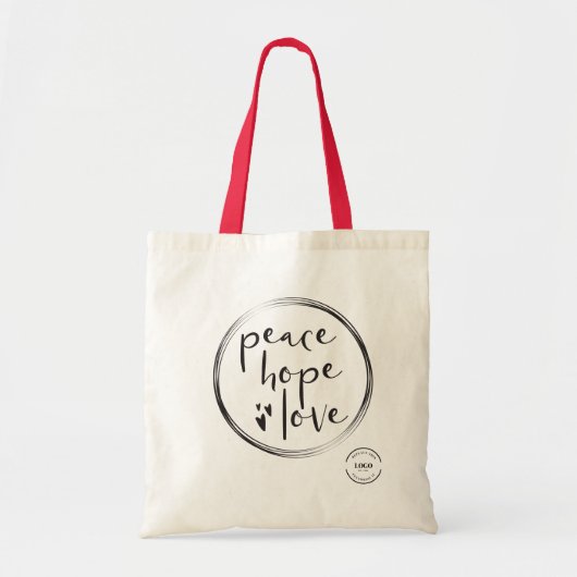ホリデートートバッグロゴを追加Peace hope loveクリスマス トートバッグ (正面)