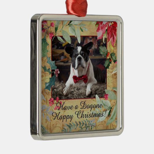 ホリデードッグフォトとフェスティバルクリスマス花模様 メタルオーナメント (右)