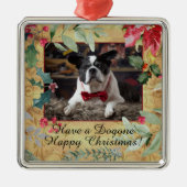 ホリデードッグフォトとフェスティバルクリスマス花模様 メタルオーナメント (正面)