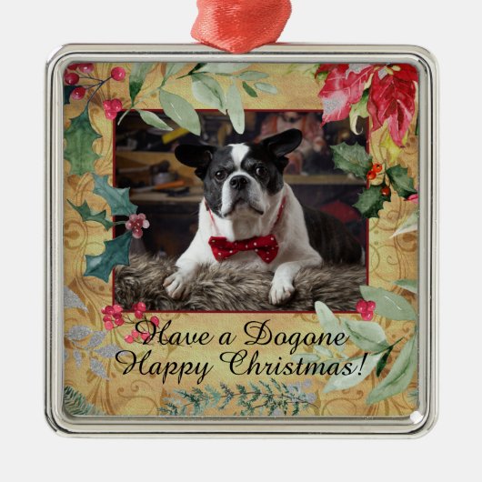ホリデードッグフォトとフェスティバルクリスマス花模様 メタルオーナメント (正面)