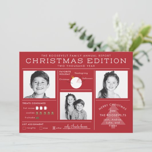ホリデーニュースレターインフォグラフィックおもしろいクリスマス シーズンカード (スタンド正面)