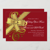 ホリデーネイバーカラー金ゴールドスワッシュと金ゴールドグリッタリーボウ 招待状 (正面/裏面)