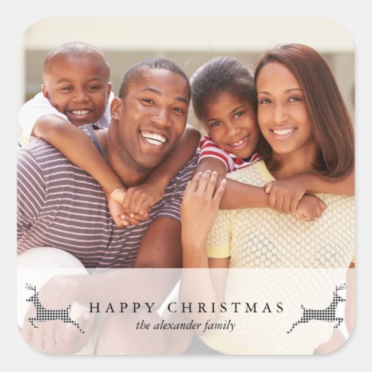 ホリデーハッピークリスマス素朴鹿フォトステッカー スクエアシール (正面)